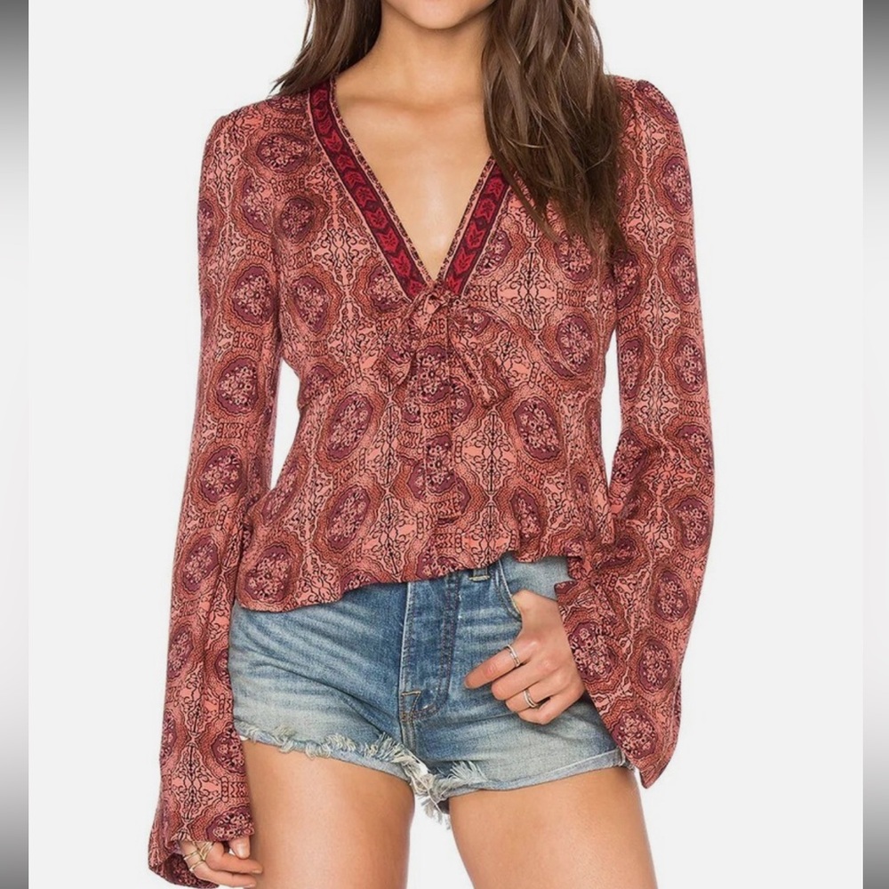 Free People Time of Your Life Boho Bell Sleeve Front Tie Coral Combo Top XS